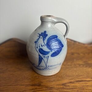 Vintage Rowe Pottery Works 1988 Salt Glazed Stoneware Rooster Jug Cobalt Blue 7"